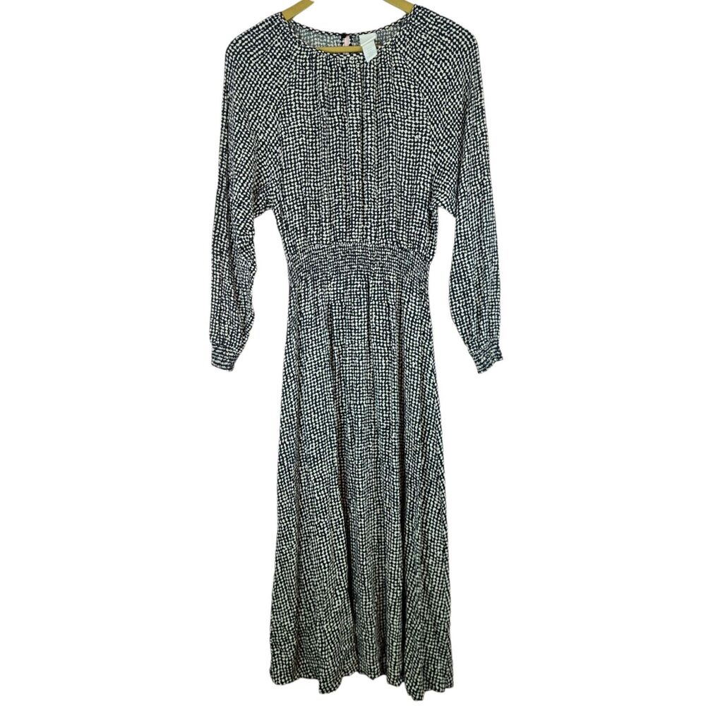 H&M Long Dress White Black Long Sleeve Smocked Waist Size XS 100% Viscose